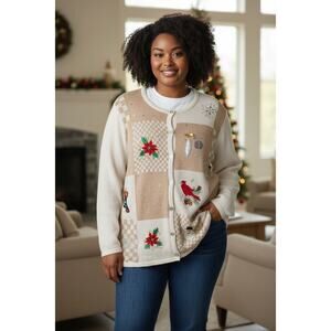 Vintage Crystal Kobe Christmas Cardigan Sweater 2X Beige Sequin Embellished